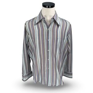 Vintage JM Fields 70s Striped Button Disco Shirt Purple Blue Brown Men 16 L 16.5